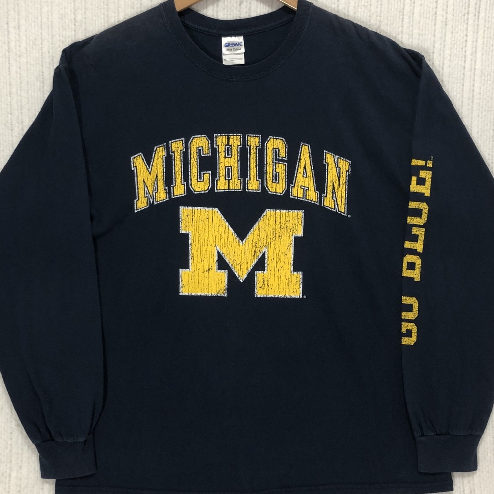 Gildan Michigan Wolverines Long Sleeve T-Shirt Navy Blue XL Go Blue Sleeve Print